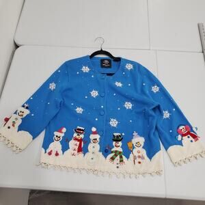 Vintage Michael Simon Cardigan Sweater Womens Large Blue Snowman Beaded Holiday